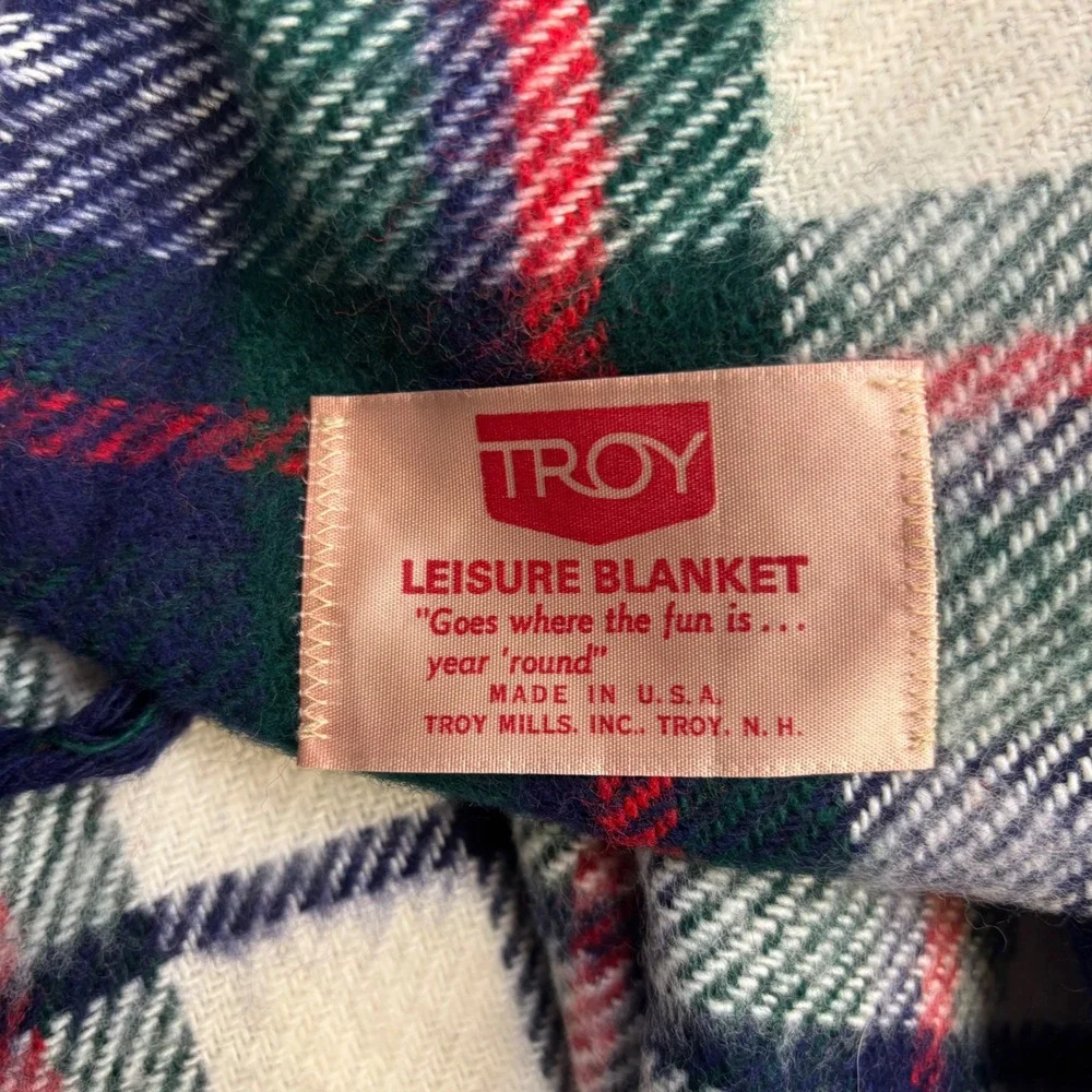 Vtg Troy Leisure Wool Blanket Plaid Navy Green Red Fringe Made USA 50x61